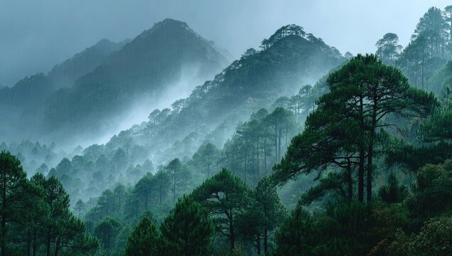 Misty mountain range with dense pine forest