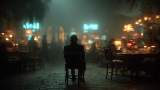 A solitary figure sits in a dimly lit caf&eacute;, surrounded by blurred patrons, evoking a sense of loneliness and introspection amidst the lively atmosphere. inspired by themes of isolation in literature. 