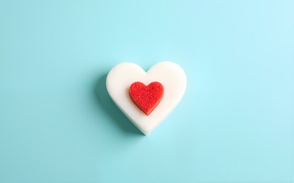 Symbol of diabestes with sugar cube and red heart on pastel blue background. World diabestes day concept. High quality