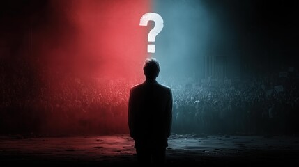 Split-screen of contrasting political rallies, one side red and the other blue, evokes tension and uncertainty. A lone figure stands, questioning the divide. Inspired by themes of choice and conflict.