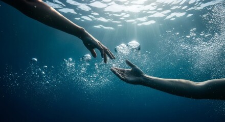 Two hands reaching towards each other underwater, with sunlight filtering through the surface and creating bubbles.