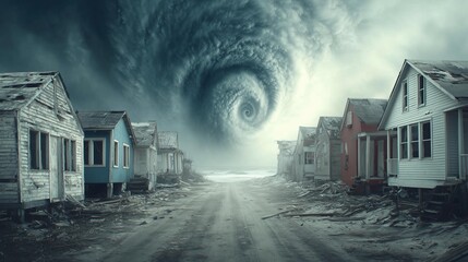 Desolate coastal scene with abandoned houses under a swirling hurricane sky, evoking a sense of impending doom and nature's fury. Reflects themes of destruction and survival.