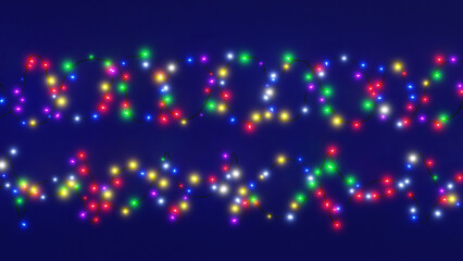 Christmas decoration lights seamless repeatable isolated realistic design elements on blue background. 3D rendering background.