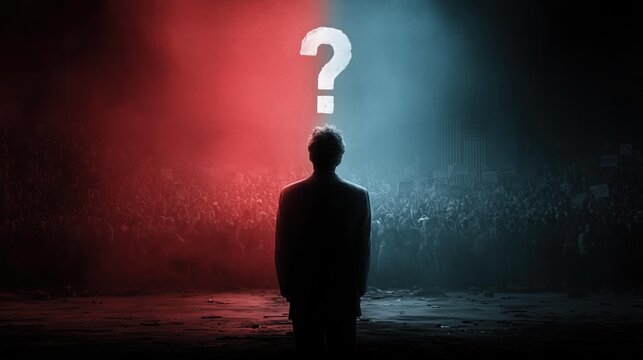 Split-screen of contrasting political rallies, one side red and the other blue, evokes tension and uncertainty. A lone figure stands, questioning the divide. Inspired by themes of choice and conflict.