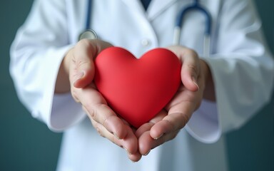 Doctor hand holding red heart shape in hospital. love, donor, world heart day, world health day, CSR donation and Insurance concepts. High quality