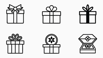 Six Simple Line Art Gift Box Icons:  Present, Celebration, Holiday,  Packaging,  Graphic Design Elements.