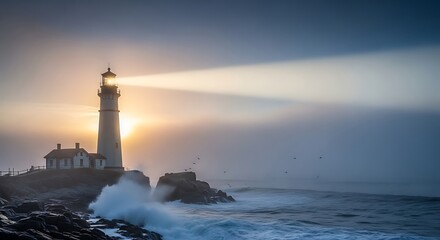 Naklejka premium Lighthouse shining brightly over the ocean waves and rocky shore at sunset in the distance light beam for light house day