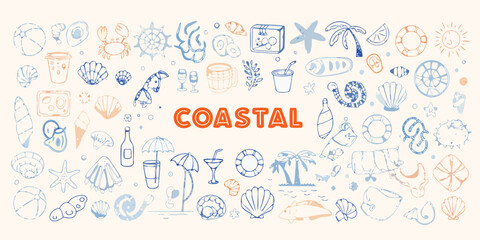 Whimsical coastal beach and ocean doodles with the word coastal