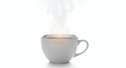 A white ceramic mug filled with a dark liquid and rising steam on a bright white background studio shot