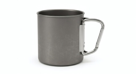 A gray metal camping mug with a carabiner clip handle on a white background in a studio setting
