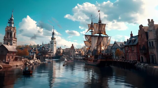 A vivid portrayal of a European town by the water, with a blend of historical and fantasy elements. The main subject is a large sailing ship with multiple masts and sails.
