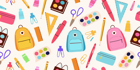 Colorful back to school supplies pattern with backpacks and stationery