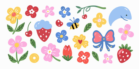 Cute hand drawn spring elements with flowers fruits and a bee