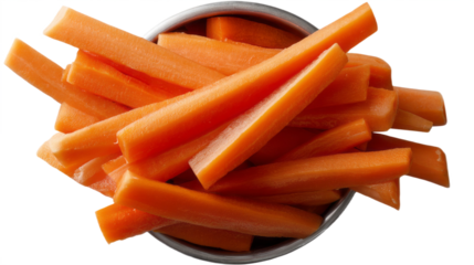 Bowl of fresh carrot sticks with vibrant orange color isolated, transparent background