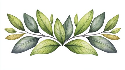 Obraz premium Botanical green leaves decorative illustration design. Foliage and plant arrangement in natural green style. Nature art, organic pattern, elegant texture, minimalist background, modern decorative