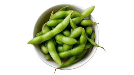 Bowl of fresh green edamame beans with pods  isolated, transparent background