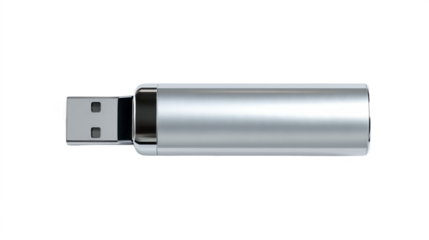 Silver USB flash drive with sleek clean design and metallic isolated, transparent background