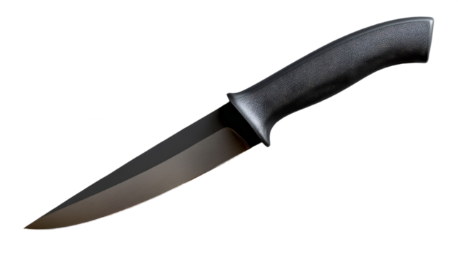 Single sharp utility knife with black textured handle and blade isolated, transparent background