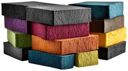 Stacks of Colorful Bricks: A collection of vibrant, textured bricks arranged in a dynamic stack, each with a unique hue. This image can be used in Architecture and building materials themes