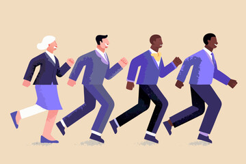 Diverse group of business professionals running forward together