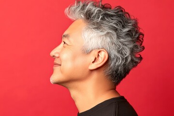 Graphic visual design of style for aging men. Chic men's textured crop haircut - midlife asian man with curly hair. Red solid background. A peaceful and radiant male in a confident pose.