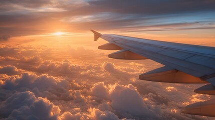 Obraz premium Cinematic view of jet wing above glowing sunset clouds, luxury travel vibes