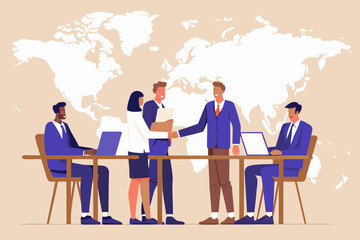 Diverse business professionals collaborating and shaking hands in front of a world map