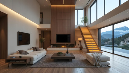 Obraz premium Modern Minimalist Living Room with Illuminated Wooden Staircase and Mountain View