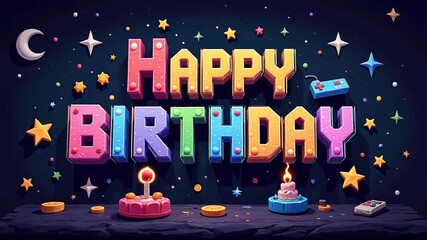 Celebrate with vibrant, colorful "Happy Birthday" message and retro gaming icons for festive fun