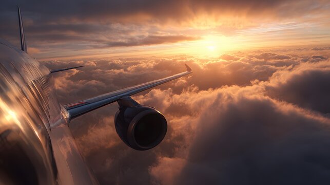 Sunlight gleaming on jet fuselage as it flies over glowing sunset clouds