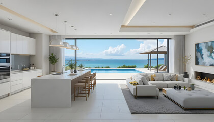 beach house with terrace near swimming pool in modern design. Vacation home or holiday villa for big family. Interior 3d rendering
