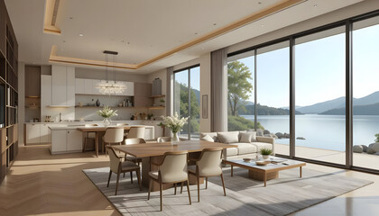 Dining and living room of luxury house with lake view in modern design, Vacation home for big family - Interior 3d rendering