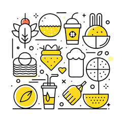 Collection of stylized yellow and black flat design icons representing food and drinks