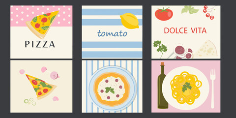 Fototapeta premium Italian food collage with pizza pasta and dolce vita