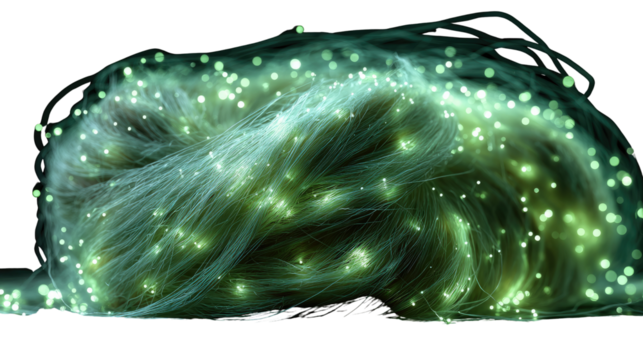 Abstract Fiber Optics: An artistic illustration of glowing fiber optic cables. The flowing green lights dance through the dark twisted bundles, evoking a sense of futuristic connectivity.