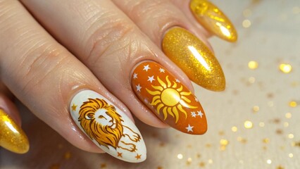 Close Up of Leo Zodiac Nail Art in Bold Gold and Orange with Sun Motif Ideal for Fire Signs