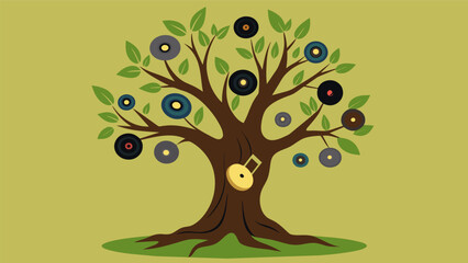 Obraz premium A gnarled olive tree with twisted branches holding vinyl records of world music folk songs and traditional ballads. Vector illustration