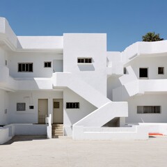 White apartment building courtyard