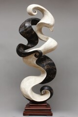 Fototapeta premium Abstract sculpture; swirling, contrasting black and white forms on a small base
