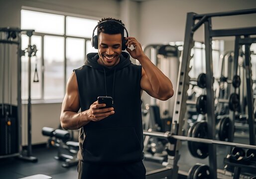 Smiling man with headphones and phone in gym enjoying music after workout looking relaxed with training equipment background