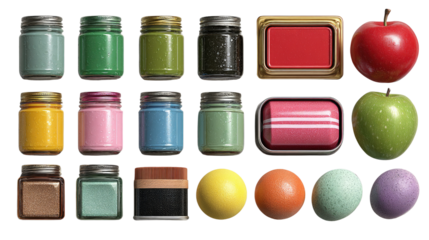 Vibrant Assortment: A collection of diverse containers, including jars and trays, brimming with an array of colors, and featuring apples and spheres, forming a beautiful display.