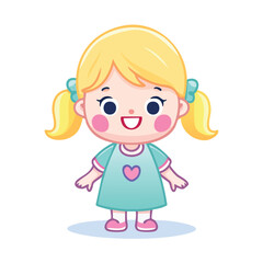 Joyful cartoon girl with blonde pigtails and a happy smile. Cute vector character design of a little child in a dress, isolated on a white background.