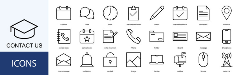 Contact us icon collection set. Containing Calendar, chats, clock, Checked Document, Pencil, checked calendar icon