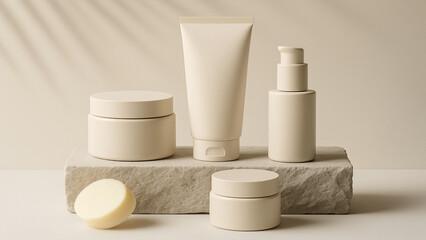 Skincare cosmetic containers on stone pedestal with soft natural light, elegant product mockup on beige background