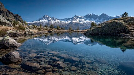 Alpine lake reflecting snowcapped peaks