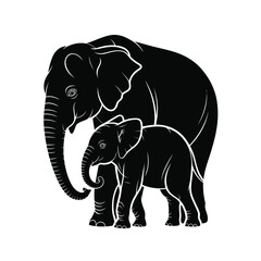Silhouette of a mother elephant and her baby calf standing together