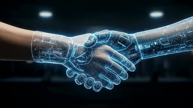 Man and robot hand come together, showing innovative partnership. Artificial intelligence and human collaboration video.