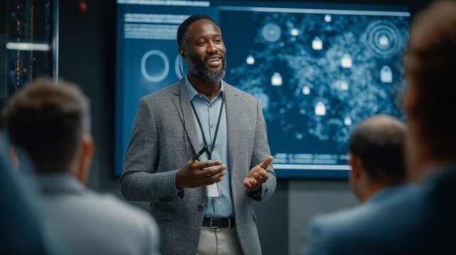 Cybersecurity presentation by expert to team on data protection risks