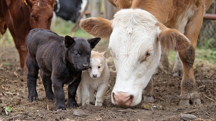 Fototapeta premium Calves and cow in rural pasture