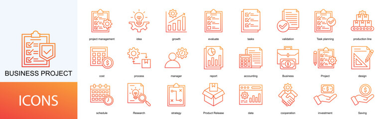 Business Project  icon collection set. Containing project management, idea, growth, evaluate, tasks, validation icon